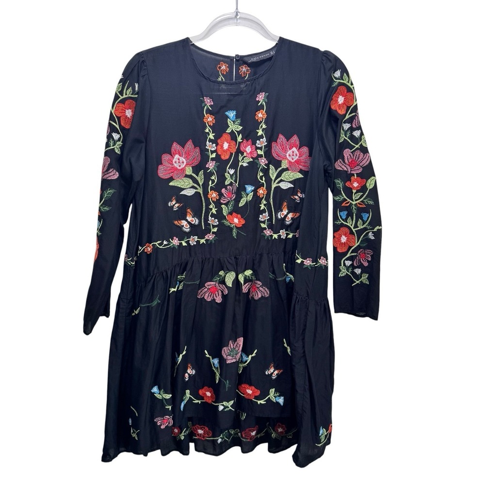 Zara Babydoll Boho Floral Butterfly Cotton Gauzy Embroidered Swing Dress M Black - Picture 3 of 11